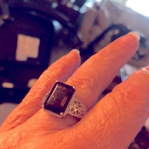 Emerald Cut Smokey Topaz Ring 💍Sterling Silver 925STSplatinum filigree design‼️